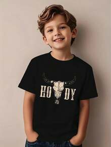 Boys' Western Bull Graphic T-Shirt - Soft Breathable Short Sleeve Tee with Bull Skull & Horns Design - Lightweight Summer Shirt for Outdoor Play, Everyday & Themed Events - Machine Washable Kids' Clothing, Playful Kids Design, Comfortable Fit Shirt - Negro - Ver 1
