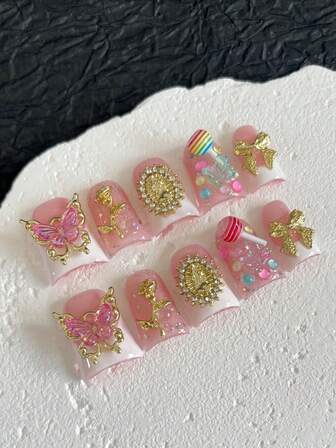 Ten Pieces Of Y2K Handmade Press-On Nails, Short Duckbill Nail Tips, Golden Butterflies, Bows, 3D Hand-Carved Floral Design, Ballet Elements, Suitable For Daily Wear And Party Occasions For All Ladies, Holiday Gift.(Please Note: The Colors Of The Beads And Lollipops Are Random.)