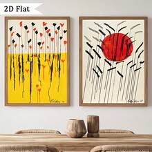 2 piezas Pintura en lienzo de sol rojo, impresión de arte en lienzo de plantas y flores, arte de pared de color bloqueado, arte abstracto vintage, póster para decoración de pared de dormitorio y sala de estar sin marco - Multicolor - Ver 7
