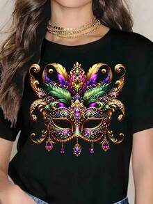Men And Women Universal Masquerade Mask Pattern Printed T Shirt For Mardi Gras Carnival Party Celebration Costume Wear Lady Gentleman Family Couple Outfit Pure Cotton Comfortable Fabric - 黑色 - 查看 1