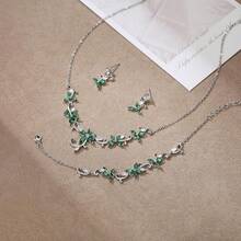 Crysdue Flower Leaf Wedding Jewelry Set Bridal Bridemaid, Cubic Zirconia Teardrop Elegant Silver/14K/Gold Plated Vine Necklace Dangle Earrings Prom Party - B_三組綠色 - 查看 4
