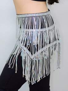 肚皮舞腰链臀巾初学者亮片流苏东方舞腰巾舞蹈表演腰带 - 彩色 - 查看 8