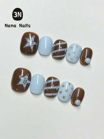 1包/10片 短方形美甲贴片，美甲图案：棕色猫眼凝胶美甲贴片，饰有波点、线条和银色星星，节日百搭，适合女性和女孩