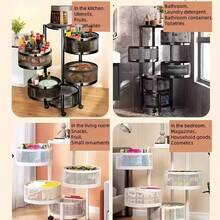 3/4-Tier Rotating Multi-Layer Round Storage Rack, Movable Storage Trolley, Round Floor-Standing Multi-Layer Rotating Vegetable Basket Storage Rack, Practical Storage Rack, Storage For Supplies And Documents, Ideal For Storage In Kitchens, Offices, Bathrooms, Living Rooms, Bedrooms, And Other Scenarios. - Black 4-layer - View 5