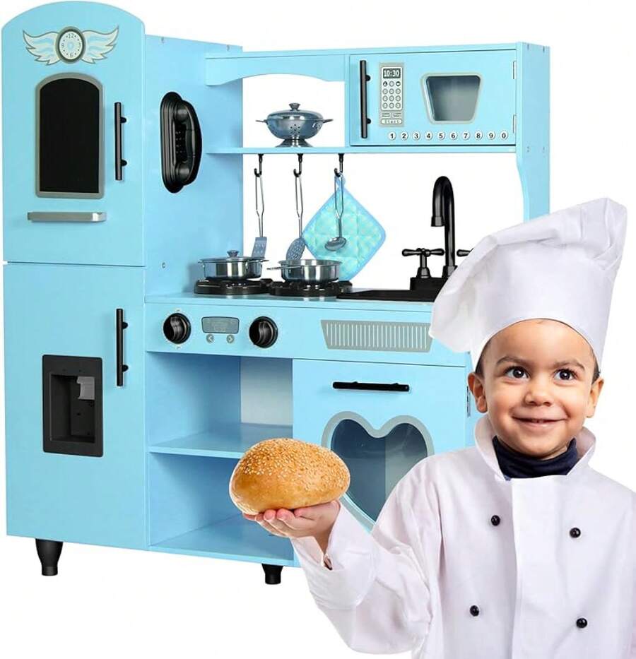 TaoHFE Play Kitchen, Pink Kids Kitchen Set For Girls Kitchen Set For Kids Ages 6-8 Gift Toddler Kitchen Set For Kid Age 3+ Kitchen Playset With Lights & Sounds Wooden Toy Kitchen Playset GiftEssential Festive Atmosphere For Christmas - Blue - View 1