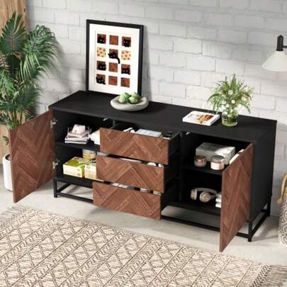 145*40*67cm Living Room Cabinet, Modern Chest Of Drawers With 3 Drawers, 2 Cabinet Doors, Width 145 Cm, Sideboard With Metal Frame, Sideboard With Adjustable Dividers, Wood Color + Black