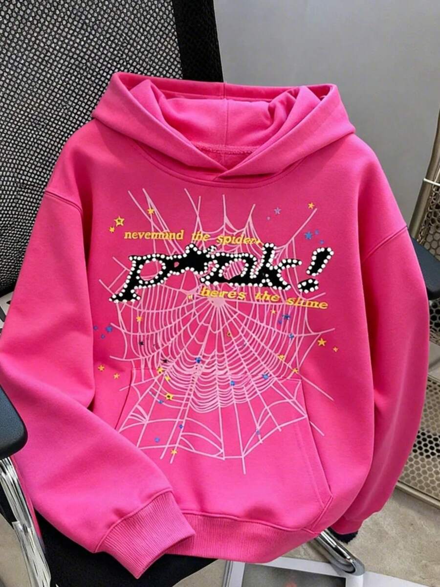 Men's Hip Hop Spider Web Pattern Graphic Alphabet Print Y2k Sp5der Rose Red Hoodie, Drop-Shoulder Long-Sleeved Top, Kawaii Pullover Unisex - 粉色 - 查看 1
