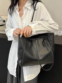 大容量女士时尚多功能单肩包，新款帆布手提包，时尚设计，适合上学、通勤和购物（不含吊坠） - 黑色 - 查看 6