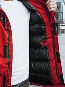 Men's Winter Hooded Jacket With Faux Fur Trim, Adjustable Waist Belt, Large Pockets, Interior Zip Pockets, And Drawstring Cuffs. Made From Durable Structured Polyester Fabric, Suitable For Everyday Wear. - Red - View 5