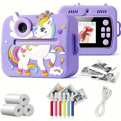 儿童即时打印相机，数码相机套装，儿童即时打印相机，适合3-12岁儿童的圣诞节、生日和新年礼物，适合3-10岁幼儿的便携式玩具相机