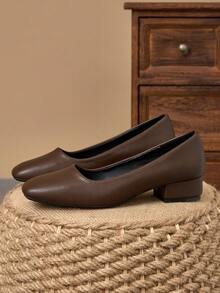 MonaNise Fashionable & Versatile Square Toe Low Heel Shoes - Brown - View 5