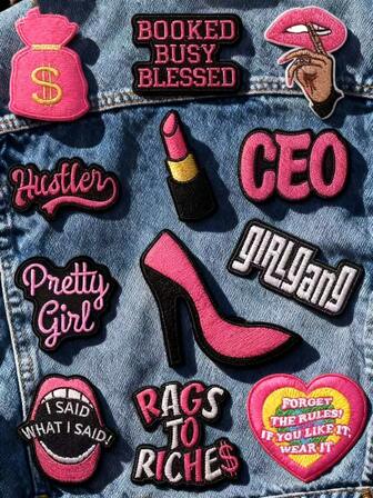 6/12pcs Personalized Girl Letter & Red Lip High Heel Embroidery Heat Transfer Patches DIY Clothing Iron-On Patches Suitable For Backpacks, Jackets, T-Shirts, Hats, Dresses