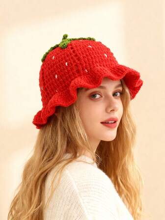 1 pezzo Berretto a maglia donna con volant a forma di fragola, rosso, carino e dolce, adatto per casual, shopping, uscite, appuntamenti in autunno/inverno
