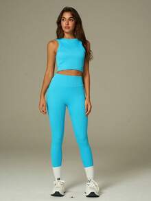 2pcs Women Sports Set, Tank Top + Leggings, Casual Outfit - Blue - View 12