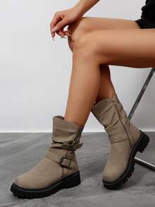 Women's Ruched PU Leather Ankle Boots – Side Zipper & Soft Back Elastic, Low Heel Moto Style Booties For Fall & Winter Daily Wear - 灰褐色絨面革 - 查看 3