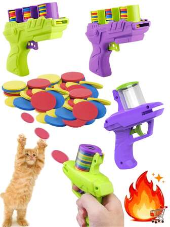100颗飞盘子弹+发射器互动猫玩具套装（多种发射器款式可选） - 手动宠物玩具发射器，无需电池，塑料材质，趣味互动/运动型，色彩鲜艳，派对游戏/娱乐必备/宠物最佳礼物之选