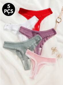 Kit com 5 Calcinha Canelado de Algodão com Renda Fio Dental Modelo Romântico Fofo Conforto e Sensualidade Toque Suave Moda Íntima Feminina - Multicolorido - Visão 3