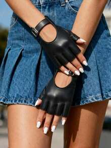 1 Pair Of Women's Black Buckle Adjustable Width Half-Finger Motorcycle Leather Gloves, Women's Half-Finger Gloves, Motorcycle Riding, Driving, Pole Dancing, Nightclub Dance Performance, Christmas Outdoor Travel Gloves, COSPIAY Solid Color Party, Elegant, Elegant Street, PU Leather Shiny Splicing, Fashionable, Comfortable, Sporty Wedding, Vacation, Daily Birthday Party, Gift, Single Party, Spring, Summer, Autumn And Winter - màu đen - Xem 2
