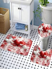 1/4pcs Pink Balloon & Rose Bathroom Set, Decorative Bathroom Set Includes 2D Flat Print Shower Curtain, Bathroom Curtains, Anti-Slip Mat, Toilet Lid Cover, Bath Mat And 12pcs Plastic Hooks, Bathroom Accessories, Home Decor