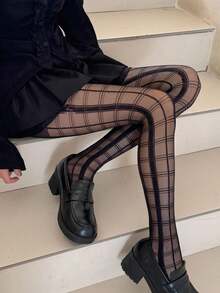 1双透明黑色真丝女士连裤袜 春季黑色格子真丝性感JK紧身袜 纯性感魅力万圣节圣诞节节日派对长袜 - 黑色 - 查看 3