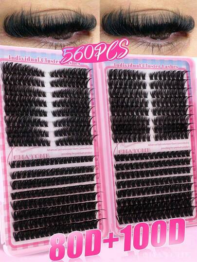 560/608片D型分节假睫毛，DIY美妆居家必备，容量大，柔软自然，新手友好，浓密蓬松单根假睫毛，持久浓密，多种款式混合，适合新手和日常使用，适用于婚礼、派对、角色扮演和音乐节（80D/100D/50D/60D/30D/40D）
