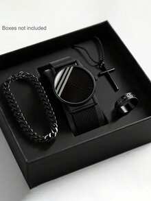 4pcs/Set Men's Fashion Business Casual Quartz Watch With Stylish Bracelet, Necklace And Ring, Suitable As Birthday/Holiday Gift For Men, Such As Back To School, Men's Party, Travel And Other Daily Occasions. Perfect Gift For Graduation, Christmas, Valentine's Day