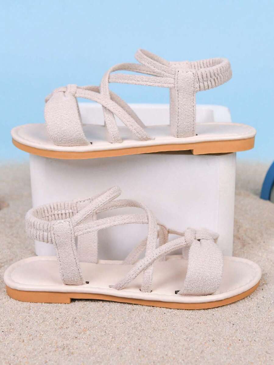 1 Pair Girls' Fashion New Slip-On Flat Sandals, Soft Bottom Non-Slip Children's Roman Sandals, Big Kids Beach Shoes, Suitable For Summer - Beige - View 1