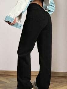 Boyfriend Style Patchwork Women Straight Leg Jeans Casual Black Spring - Black - View 4