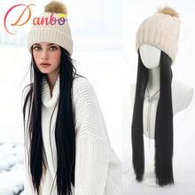 22英寸长直发波浪假发，合成纤维材质，配有弹性针织帽 - 针织帽假发，高温丝，100%密度，自然逼真，适合日常佩戴，基础款