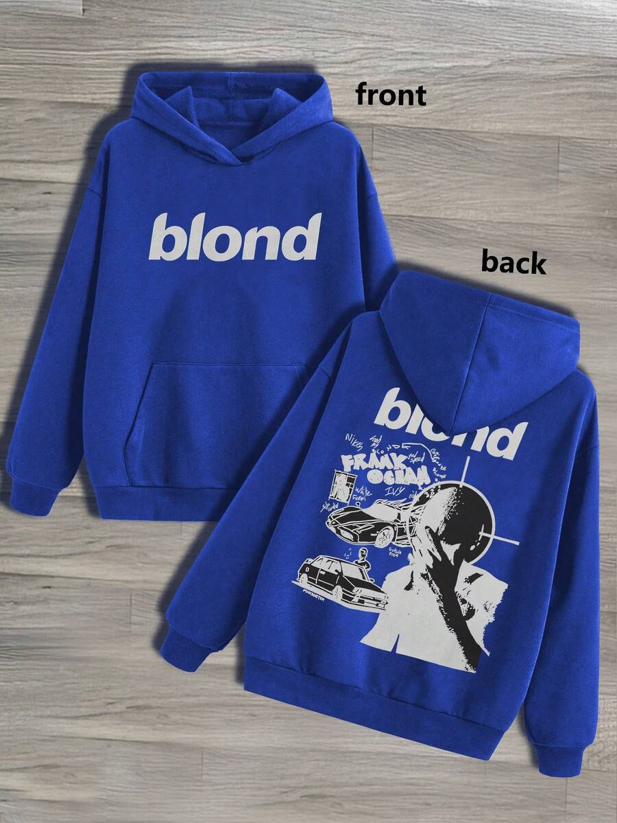 Men's 450g Heavyweight High-Quality Hoodie | Large "Blond" Text & Human Silhouette Print | Casual Long-Sleeve Pullover Hoodie With Pocket For Autumn & Winter (Suitable For Daily Wear & Gifting) - 藍色2 - 查看 1