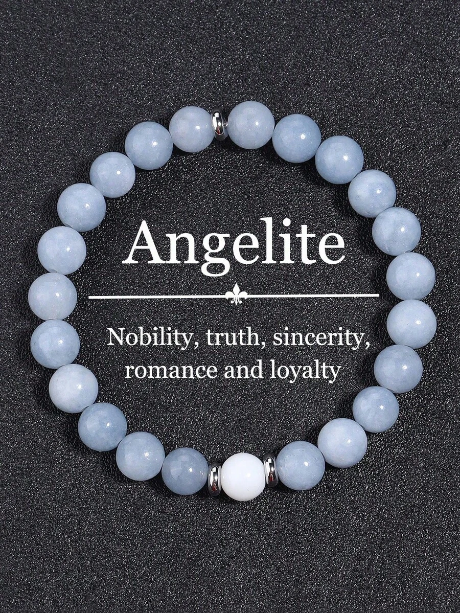 YAUKIA 1件天使石和白色瓷石手链，象征清晰沟通、真理和直觉，玛拉手链，瑜伽波西米亚风格珠宝礼品 - 彩色 - 查看 1