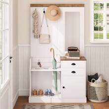 Wardrobe Set With Mirror, Hooks, Drawers And Umbrella Stand. - White - View 4