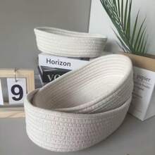 1/3pcs Handmade Woven Round Rope Basket, White, Open-Top, Collapsible Storage Basket. Suitable For Storing Cosmetics, Snacks, Keys, Toys And Miscellaneous Items. Multifunctional Home Storage Bag, Applicable For Bedroom, Bathroom, Living Room Desktop Organization And Classification. - White - View 2