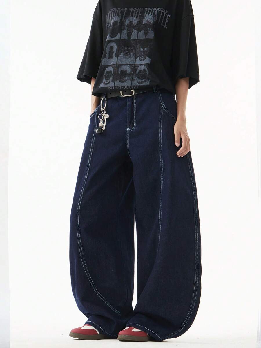 1 chiếc quần jeans ống rộng dáng suông Justice Brother, phối màu loang lổ, chất liệu denim mài bạc kiểu vintage, thương hiệu Justice Brother (Không bao gồm thắt lưng/phụ kiện) - Rửa tối - Xem 1
