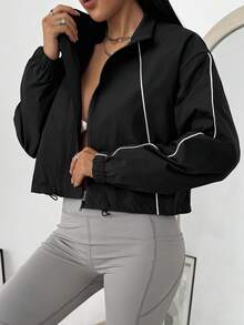 女士春夏短款运动外套，纯色梭织立领带衬里，黑白撞色滚边，可调节下摆，适合室内健身、户外日常穿着，宽松时尚百搭单品 - 黑色 - 查看 2