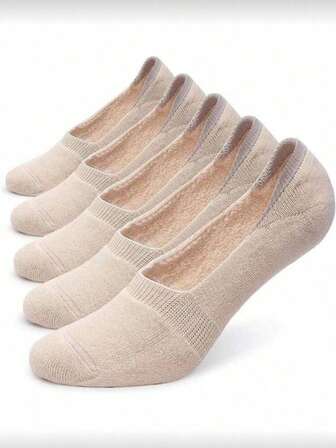 5双装女士米色加厚棉质低帮防滑隐形衬垫袜