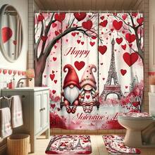 1/4pcs Valentine's Day Gnome & Eiffel Tower Bathroom Curtain Set - Romantic Red & Pink Polyester Decorative Bathroom Curtains With Heart, Flower And "Happy Valentine's Day" Designs, Suitable For Bathing, Non-Slip Bath Mat, U-Shaped Toilet Lid Cover, Bathroom Decor | Romantic Bathroom Decor | Machine Washable Curtain, Bathroom Accessories