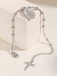 1件时尚不锈钢耶稣十字架和圣母玛利亚珠链银手链，基督教宗教饰品，送给亲人的礼物 - 銀色 - 查看 11