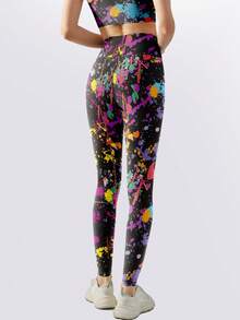 1 pieza Leggings de mujer de cintura alta y ajuste ceñido con estampado de graffiti colorido, pantalones de entrenamiento de secado rápido y transpirables para correr, Pilates, entrenamiento de cintura y levantamiento de glúteos, mallas de yoga de alta elasticidad y compresión, adecuados para ciclismo al aire libre en todas las estaciones - Multicolor - Ver 2