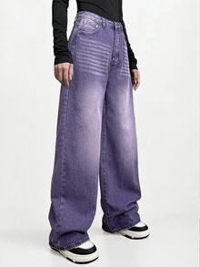 女士休闲水洗阔腿牛仔裤 - 圣诞节 - 紫色 - 查看 4