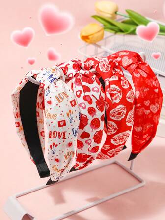 4pcs/Set Women's Valentine's Day Hair Accessories, Heart & Lip Print, Knotted Fabric Headbands, Romantic Valentine's Gift, Everyday Use ,Hair Band ,Diadema ,Hair Hoop