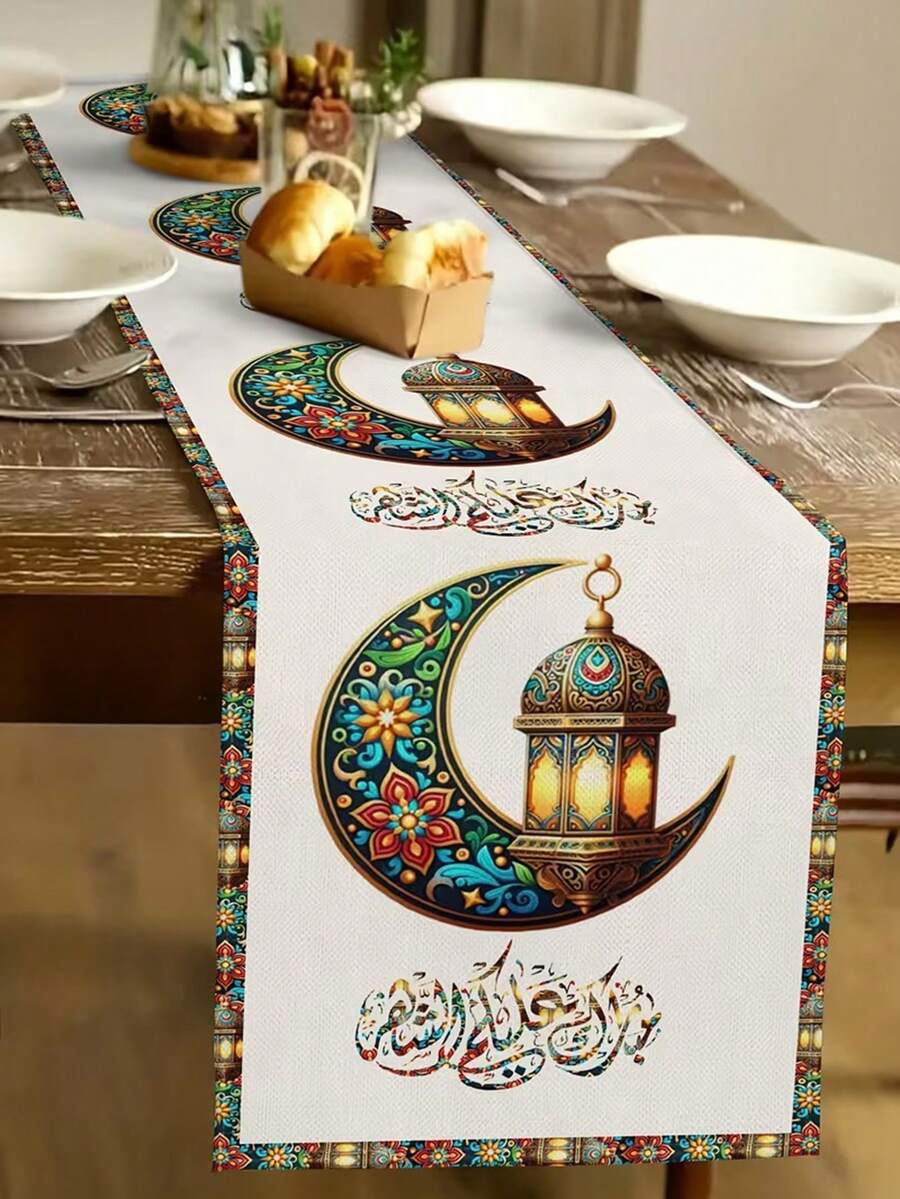 1pc Ramadan Tablecloth - Featuring Vibrant Moon And Lantern Patterns, Arabic Calligraphy And Floral Designs, Suitable For Eid Celebrations, Holiday Parties, Kitchen And Dining Room Decor, Ramadan Decorations, Cultural Tableware, Beautifully Designed. - Green - View 1