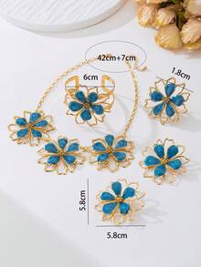 1pc Handmade Exaggerated Blue Double-Layer Five-Petal Flower Pendant Necklace, 1 Pair Earrings, 1 Ring, 1 Bracelet - Women Jewelry Set - Blue - View 5