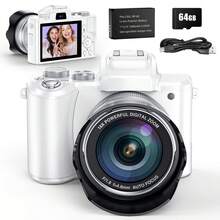 SONGDIAN 松典8K 88MP数码相机，适用于摄影和Vlog，具备自动对焦、LCD触摸屏、16倍数码变焦、1500mAh电池、双镜头、遮光罩、图像稳定功能，支持64GB TF卡和闪光灯，镜头耐用且品质优良，是理想的圣诞礼物，黑色