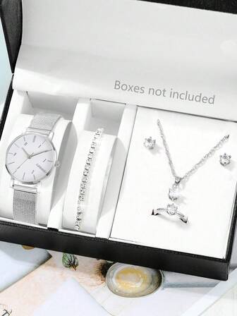 女士腕表套装，优雅石英表及珠宝套装，时尚圆形腕表，镶钻项链、耳环、戒指、手链，适合日常佩戴、生日礼物、派对、节日聚会，也是送给自己或朋友的理想礼物。不含包装盒。