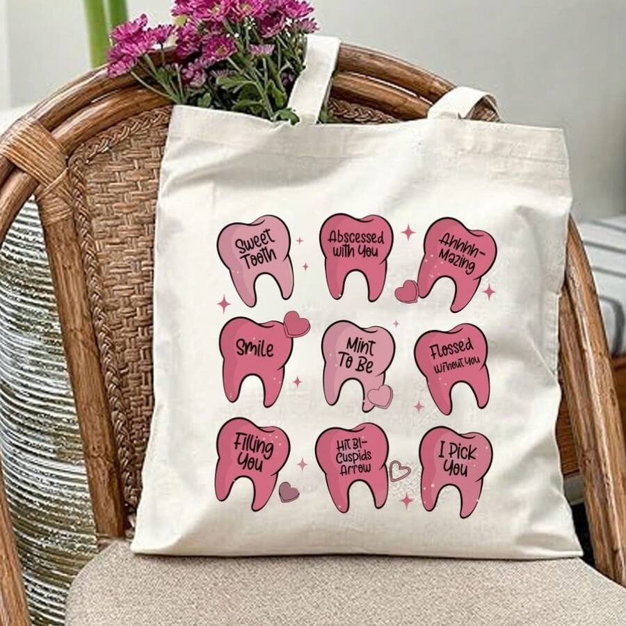 Top PickDurable Dental-Themed Canvas Tote Bag - Large Capacity White Handbag With Fun Teeth Design, Perfect For Dentists, Valentine'S Day Gifts, Outdoor Use, Or Parties, Dental Accessories, Dental - trắng - Xem 1
