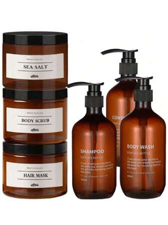 6件套 500毫升琥珀色长颈洗发水沐浴露护发素替换瓶按压瓶，另含浴盐乳液按摩霜罐