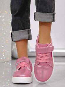 Girls' Heart Embroidery Hook And Loop Design Easy On/Off Bling Casual Sneakers - Hot Pink - View 6