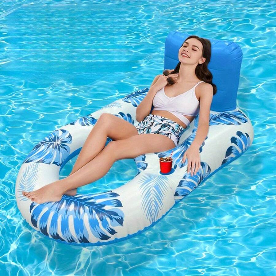 1pc Adult Inflatable Floating Pool Chair With Cup Holder And Backrest, Suitable For Swimming Pool, Beach, Lake, Pool Party