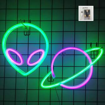 2pcs Purple Green Alien Planet Neon Signs - USB/Battery Powered LED Lights For Gaming Room, Teen Bedroom, Party Wall Decor - Cool Space Gift (Batteries Not Included)